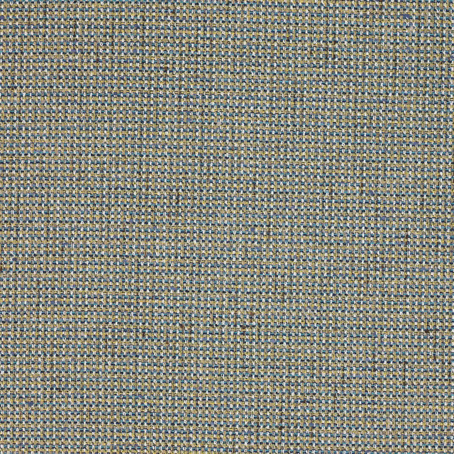Close-up of a small-scale woven fabric in muted teal, blue-grey and straw tones