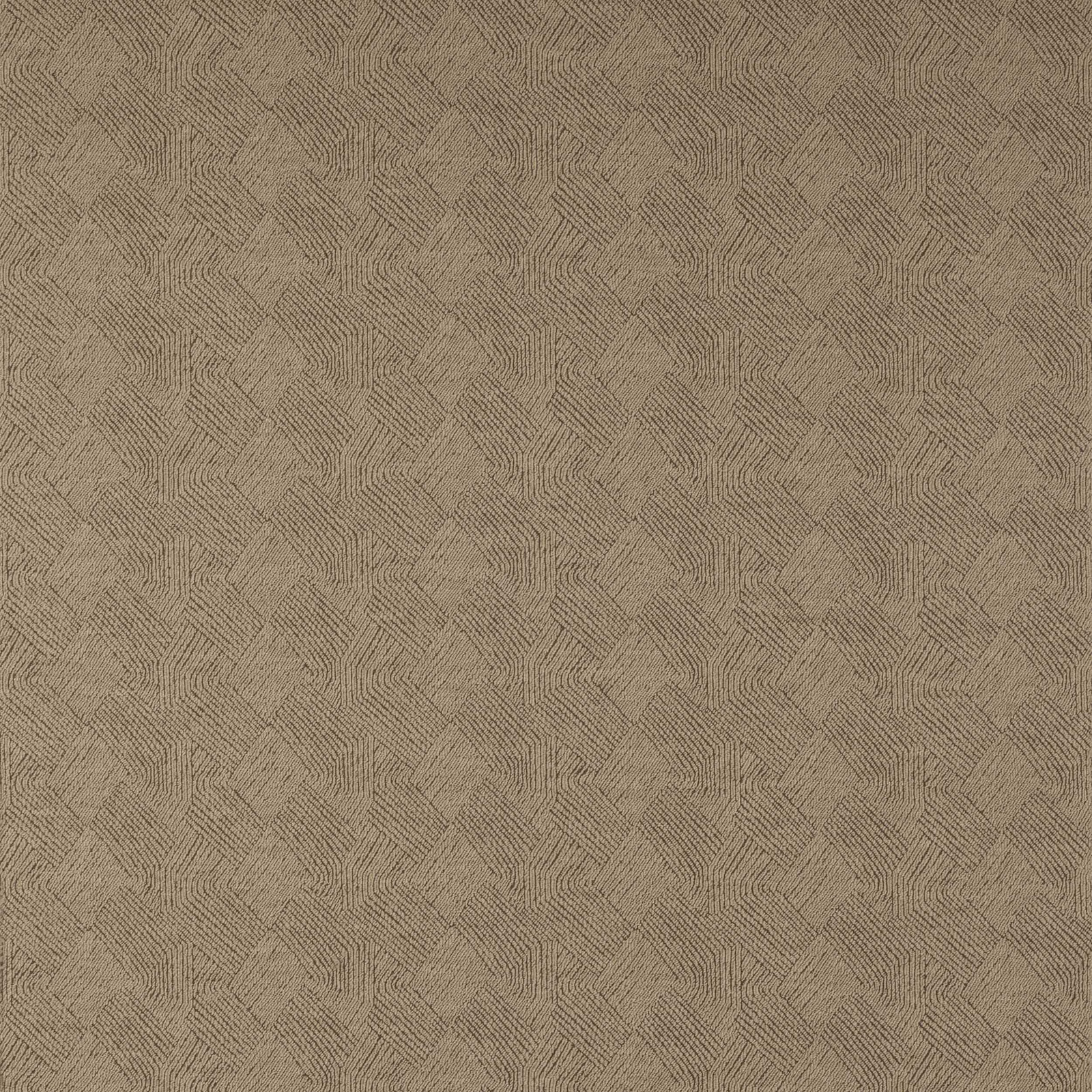 Close-up of warm sandy beige geometric woven fabric with small interlocking diamond pattern
