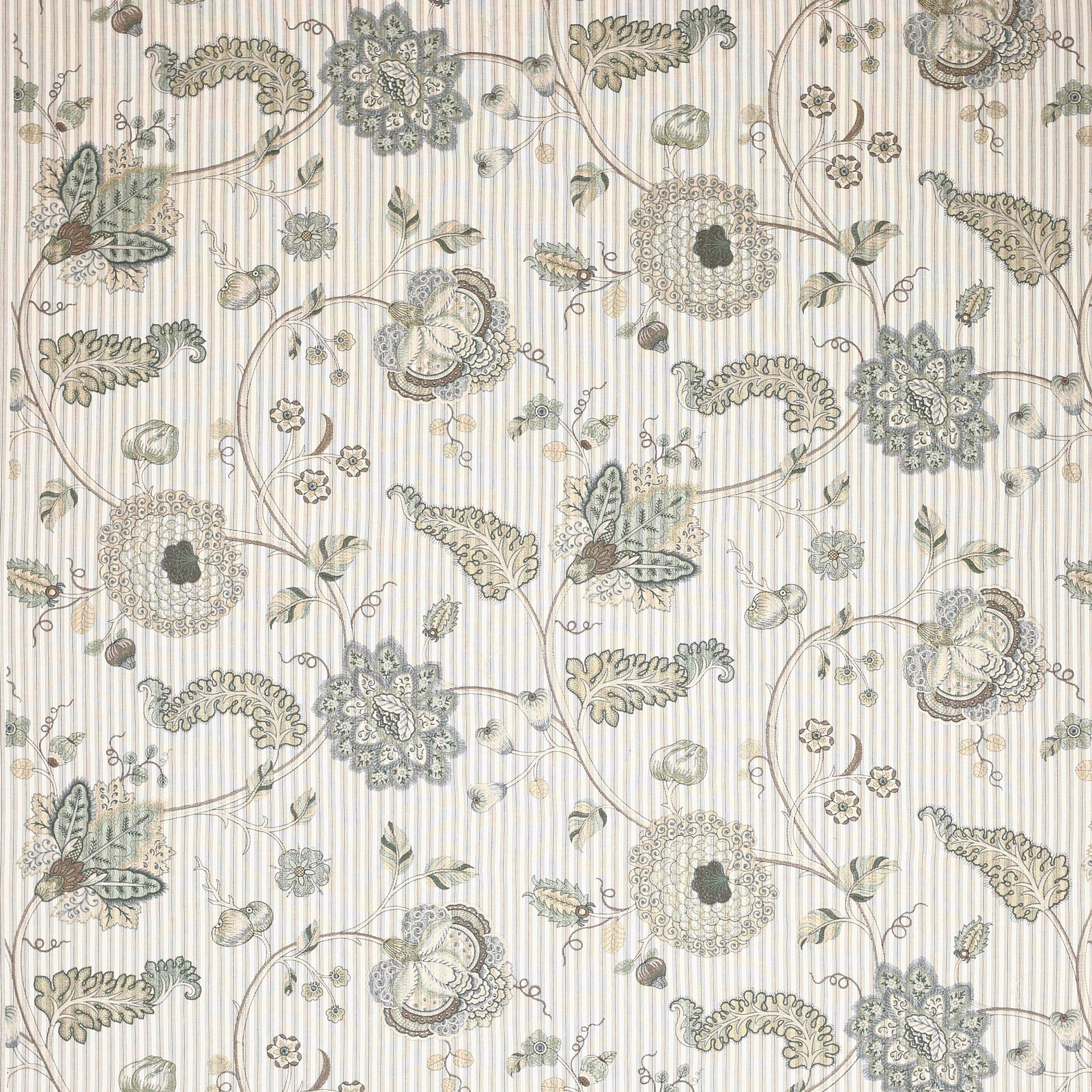 Beige striped floral fabric with muted sage and taupe botanical scrolls