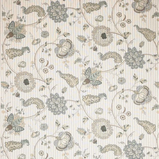 Beige striped floral fabric with muted sage and taupe botanical scrolls