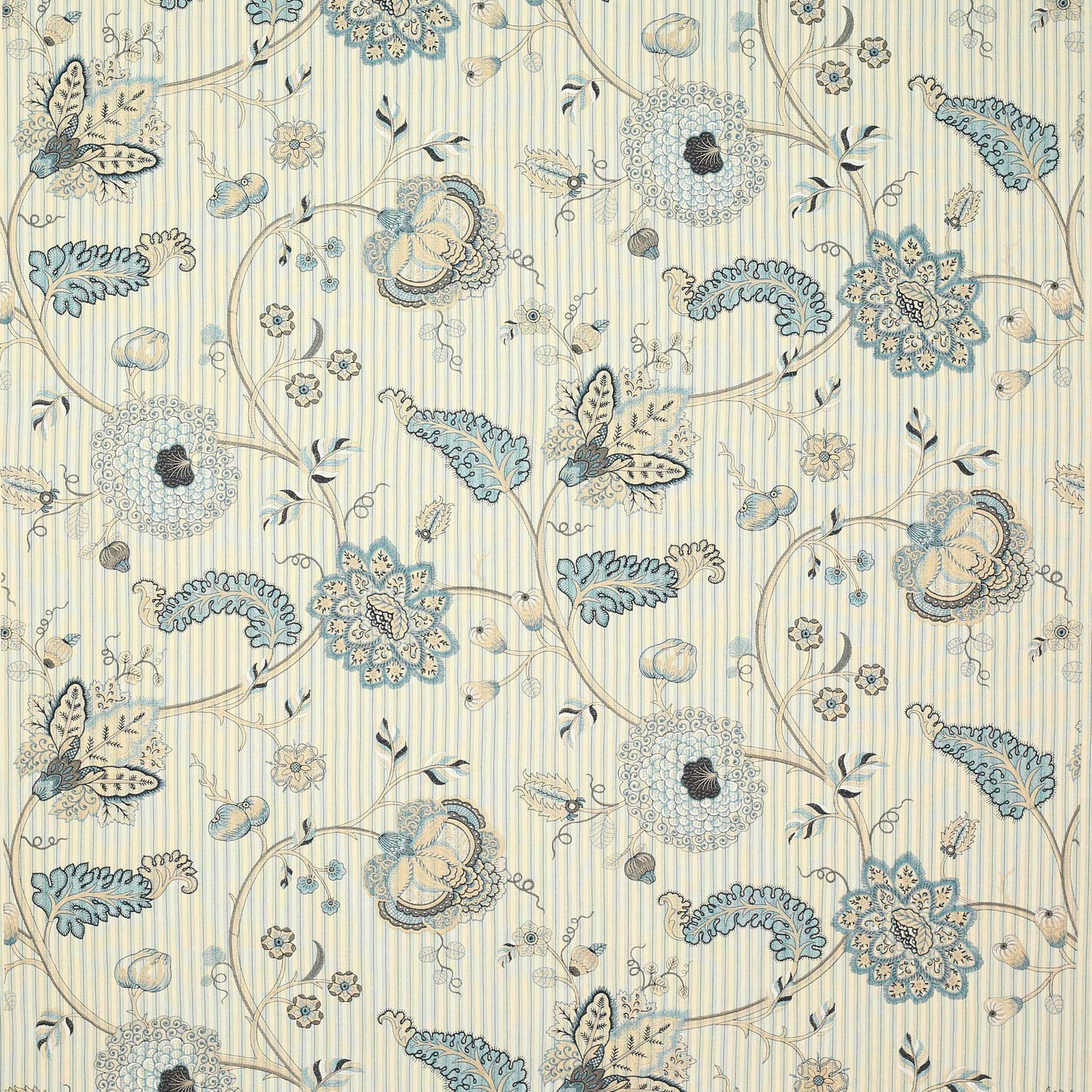 Pale celadon floral fabric with scrolling vines, blue blossoms and fine vertical stripes