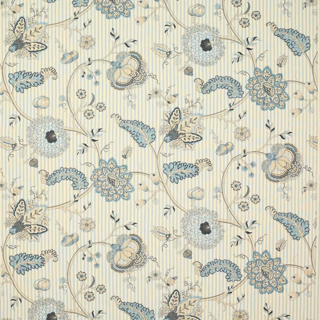 Pale celadon floral fabric with scrolling vines, blue blossoms and fine vertical stripes