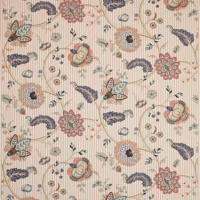 Coral pink striped floral fabric with trailing stems and multicoloured blooms