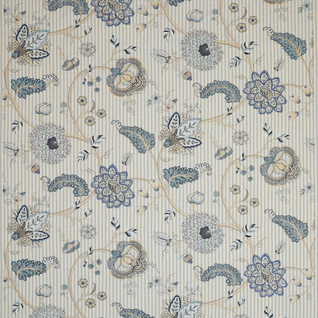 Pale striped floral fabric with soft blue, cream and taupe scrolling motifs