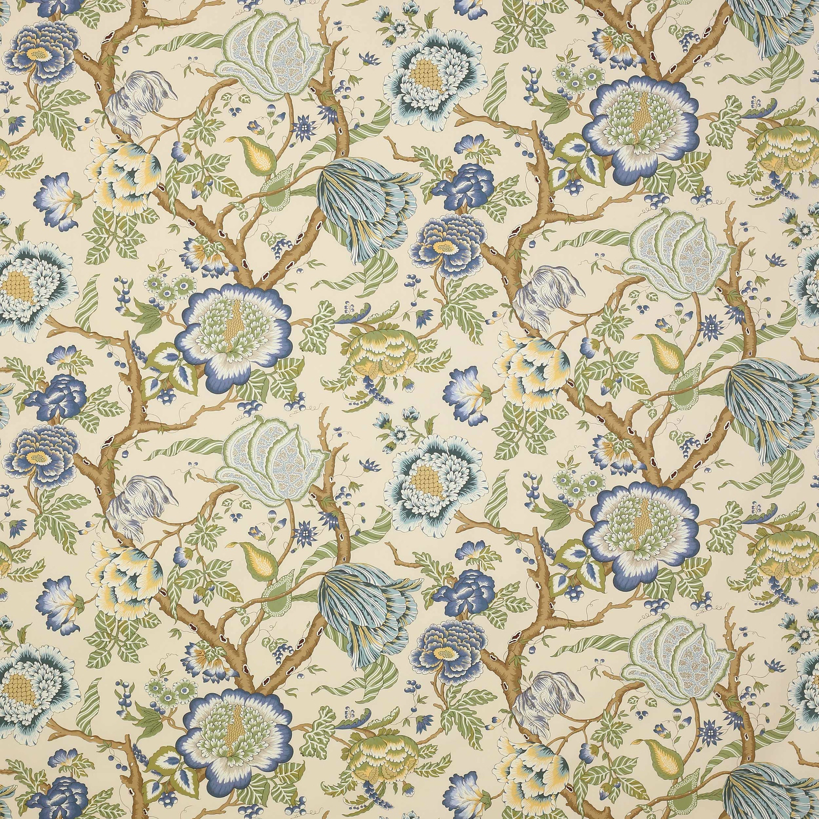 Blue and sage floral branch pattern on a cream cotton fabric swatch