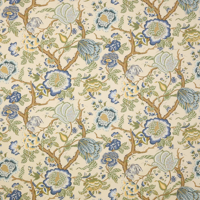 Blue and sage floral branch pattern on a cream cotton fabric swatch