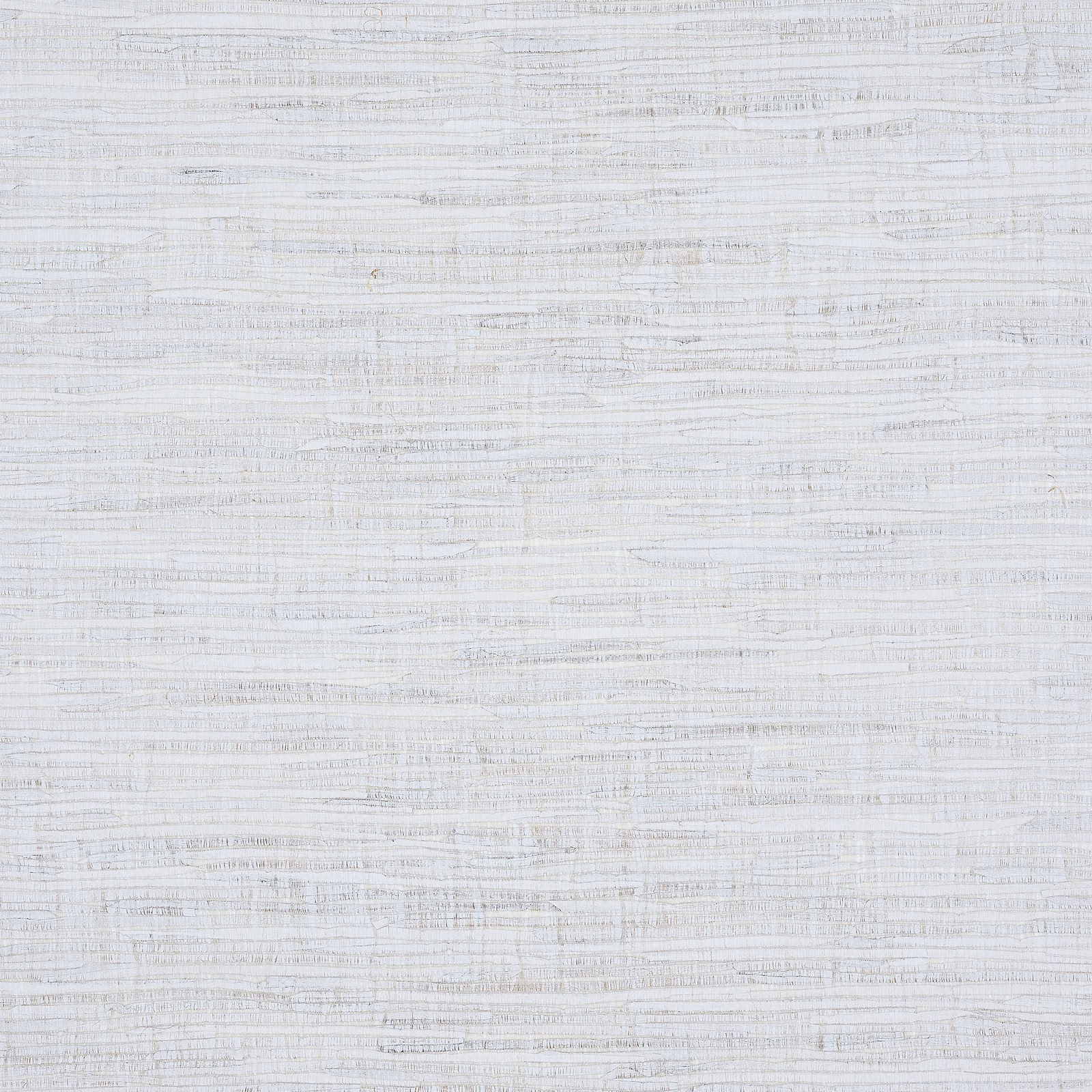 Soft white wallcovering with fine grey horizontal striations and lightly fibrous texture