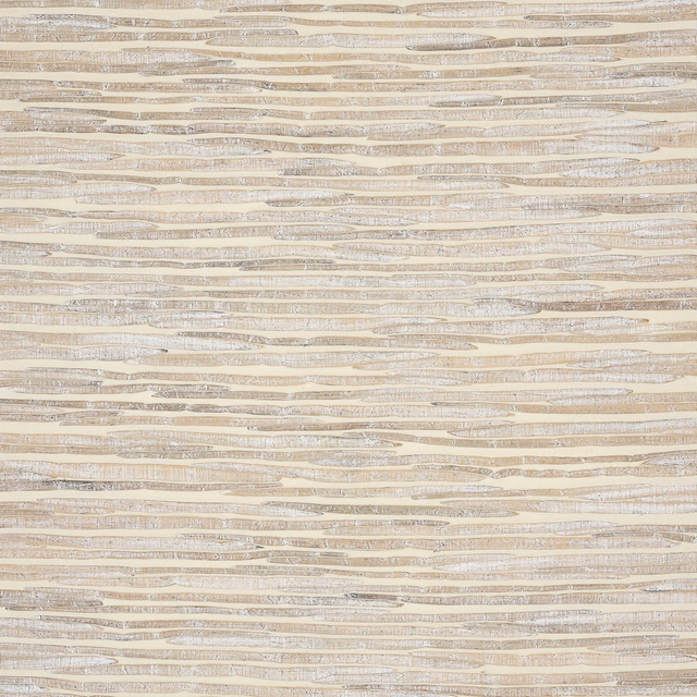 Warm linen beige wallcovering with layered horizontal taupe and ivory striations
