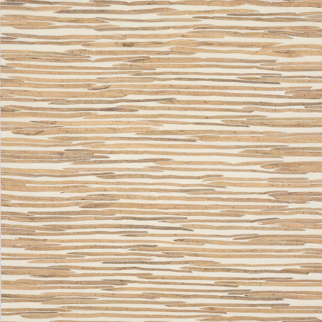Straw beige wallpaper with irregular cream and taupe horizontal woven bands