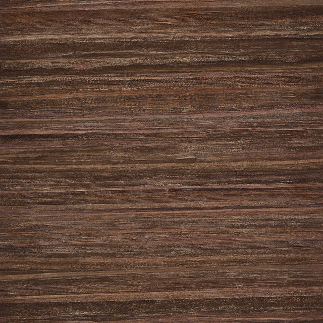 Deep bark-brown wallcovering with fine horizontal banana-leaf fibres and muted mauve tones