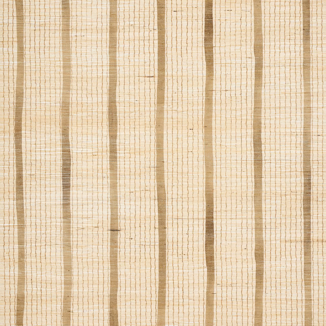 Warm ivory wallpaper with irregular taupe vertical bands and fine woven grid texture