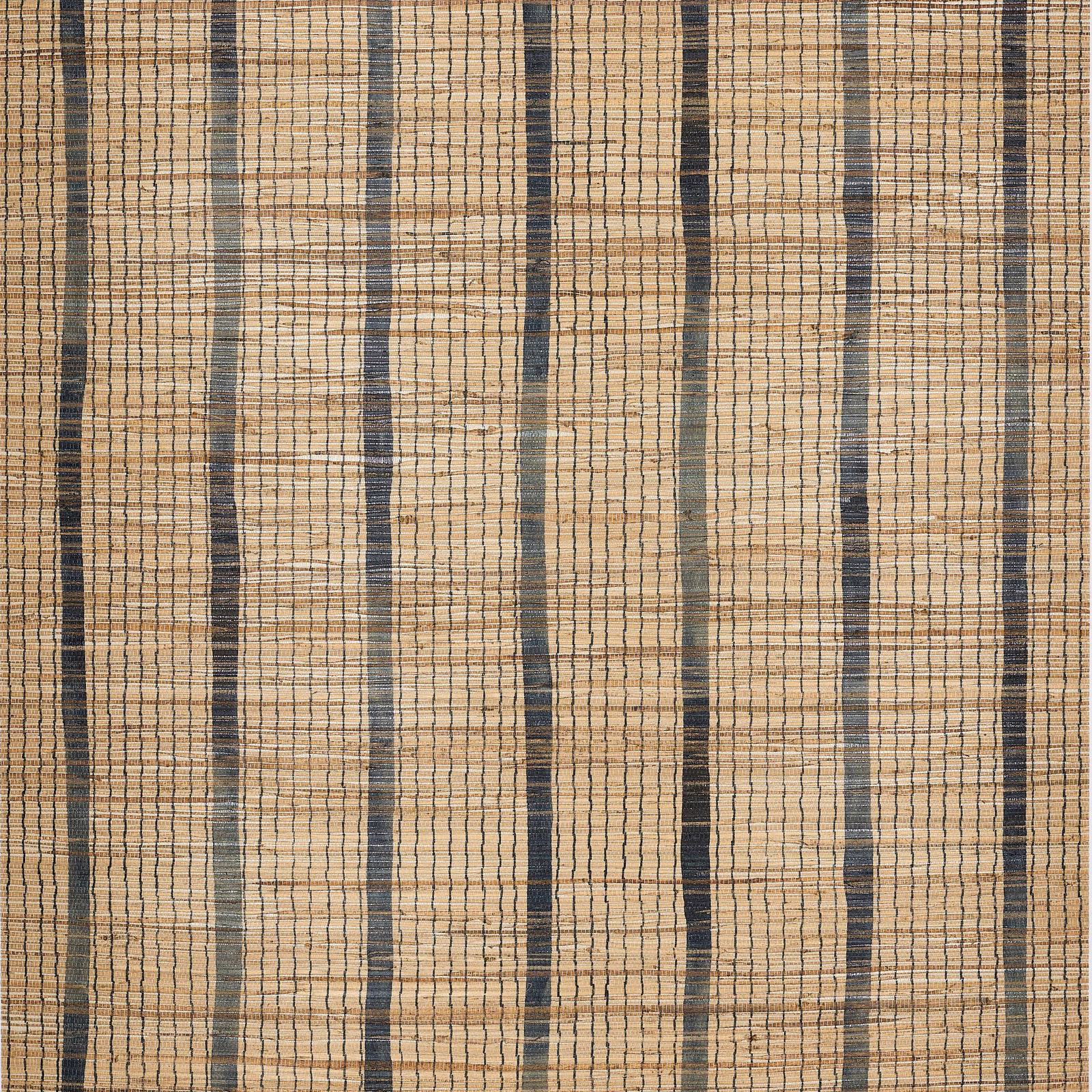 Beige hemp-textured wallpaper with midnight, sage and charcoal irregular vertical stripes