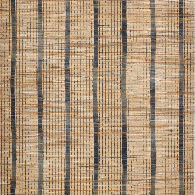 Beige hemp-textured wallpaper with midnight, sage and charcoal irregular vertical stripes