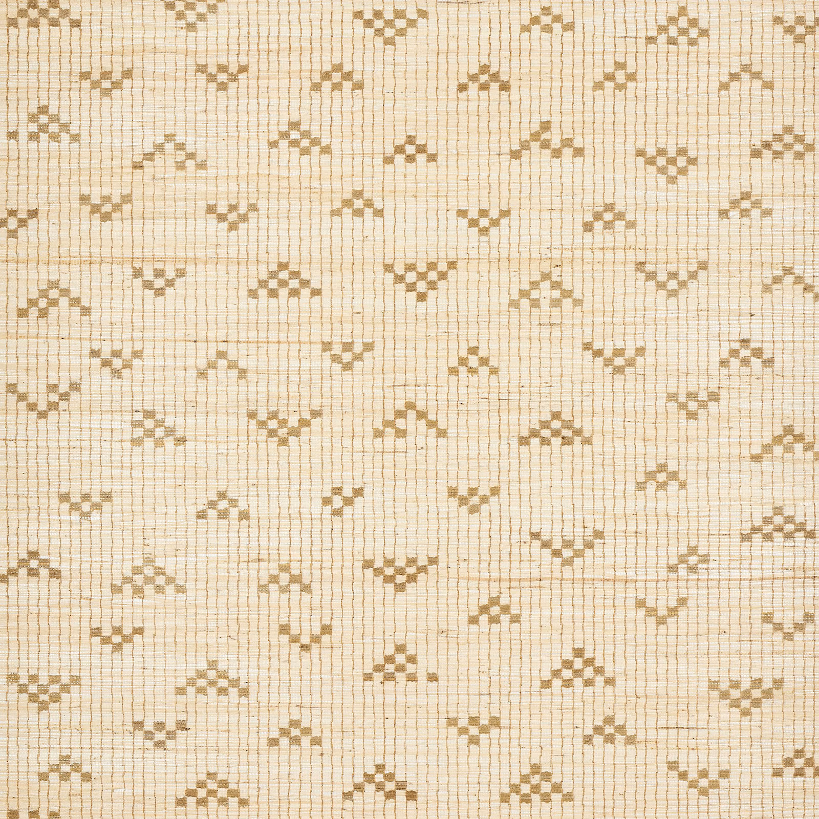 Warm linen wallpaper with taupe geometric motifs and fine vertical texture