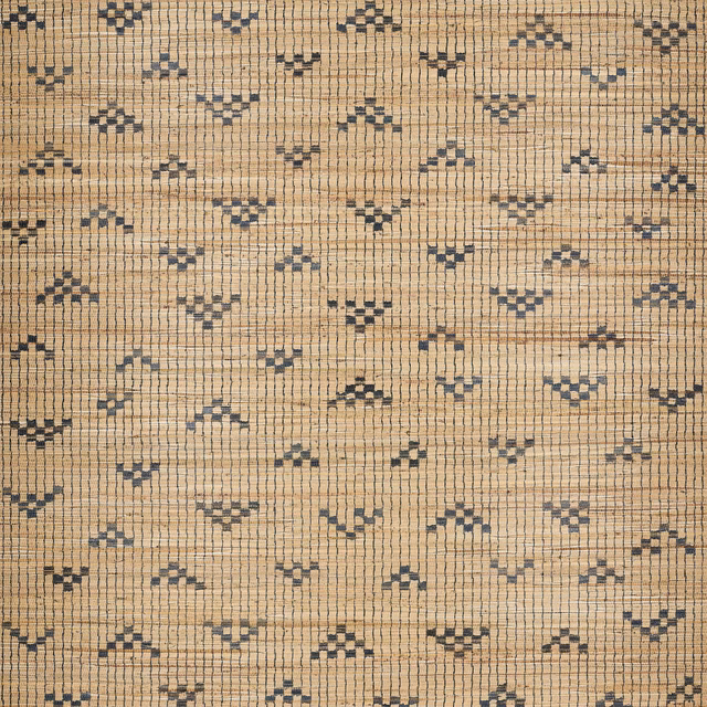 Beige hemp-cotton wallpaper with charcoal geometric marks and fine grid lines