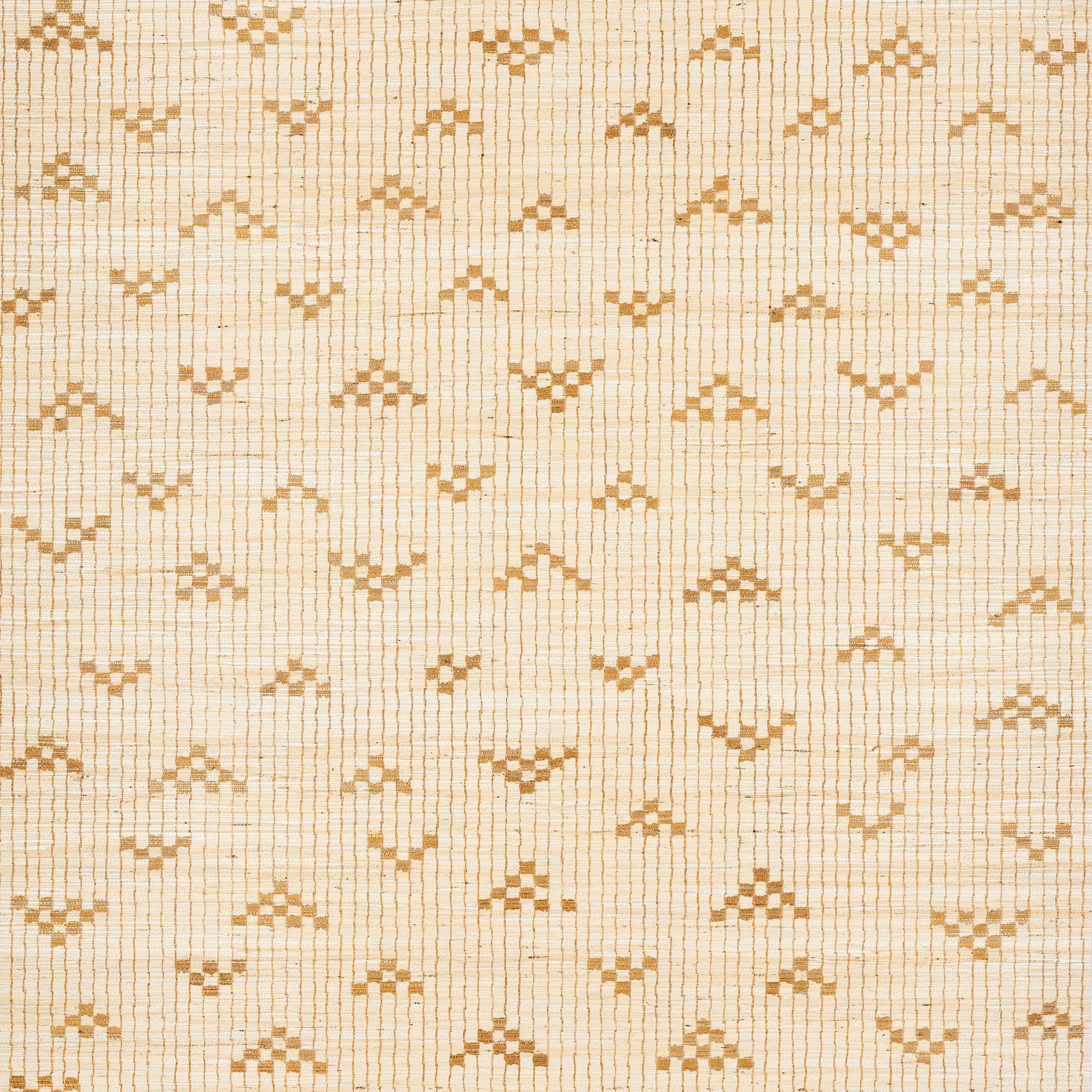 Pale sand wallcovering with ochre geometric motifs and fine vertical striations