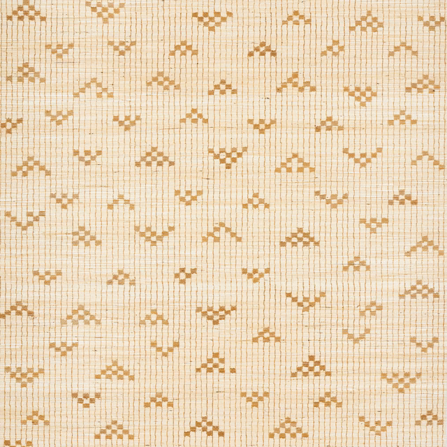 Pale sand wallcovering with ochre geometric motifs and fine vertical striations
