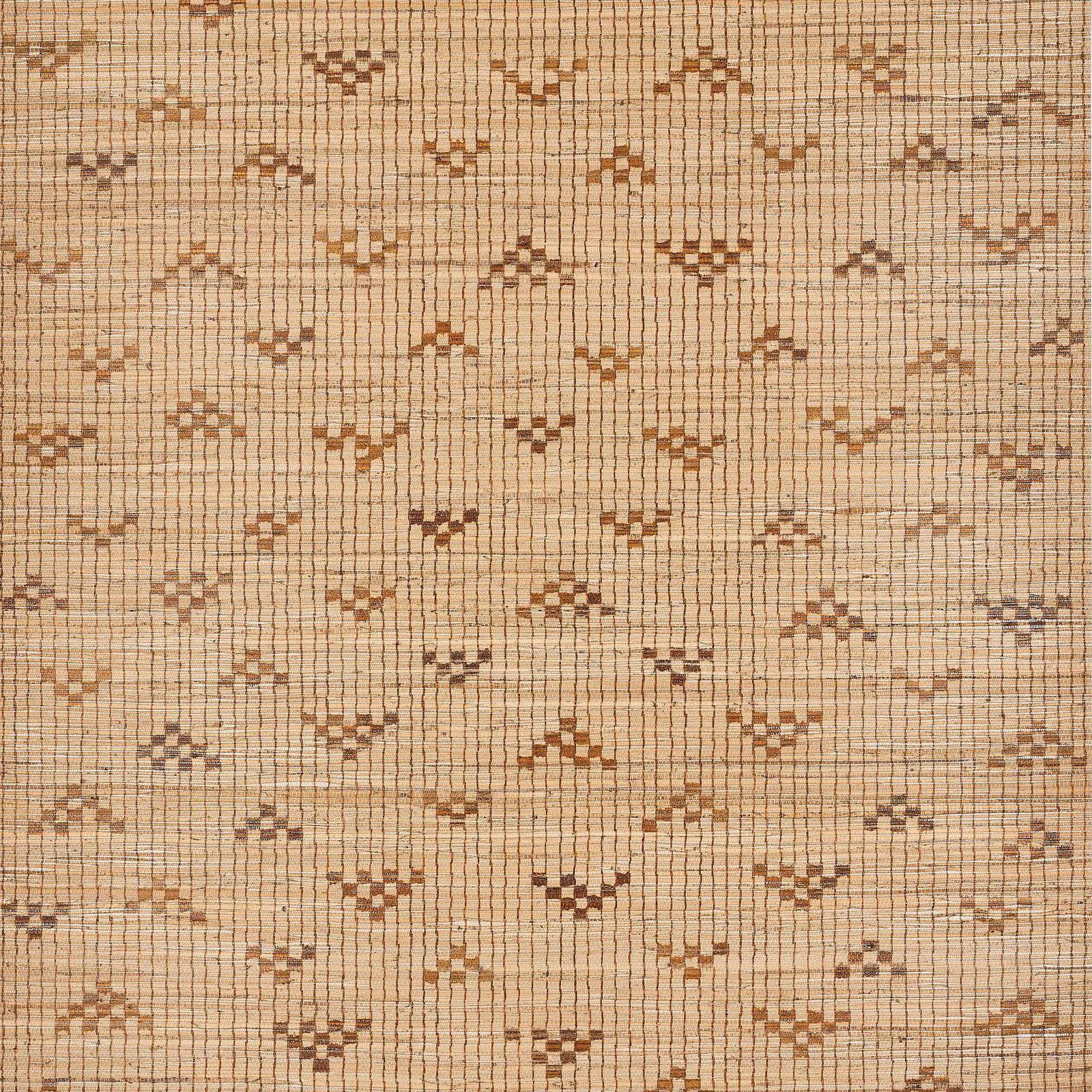 Warm teak beige wallcovering with a fine grid and scattered rust geometric motifs