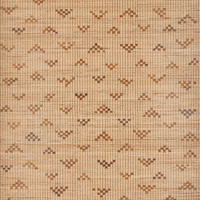 Warm teak beige wallcovering with a fine grid and scattered rust geometric motifs