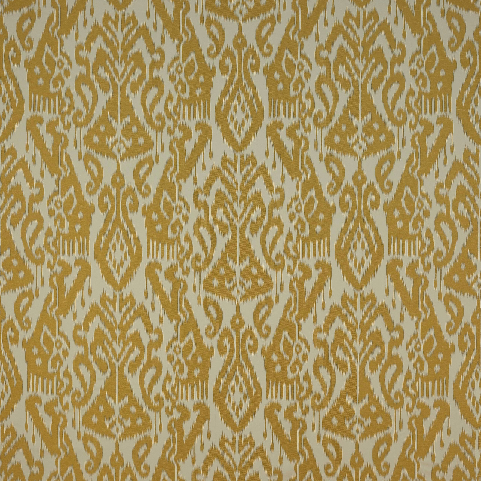 Mustard-gold damask fabric with scrolling motifs on an ivory ground