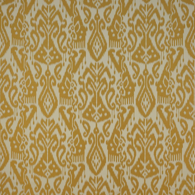 Mustard-gold damask fabric with scrolling motifs on an ivory ground