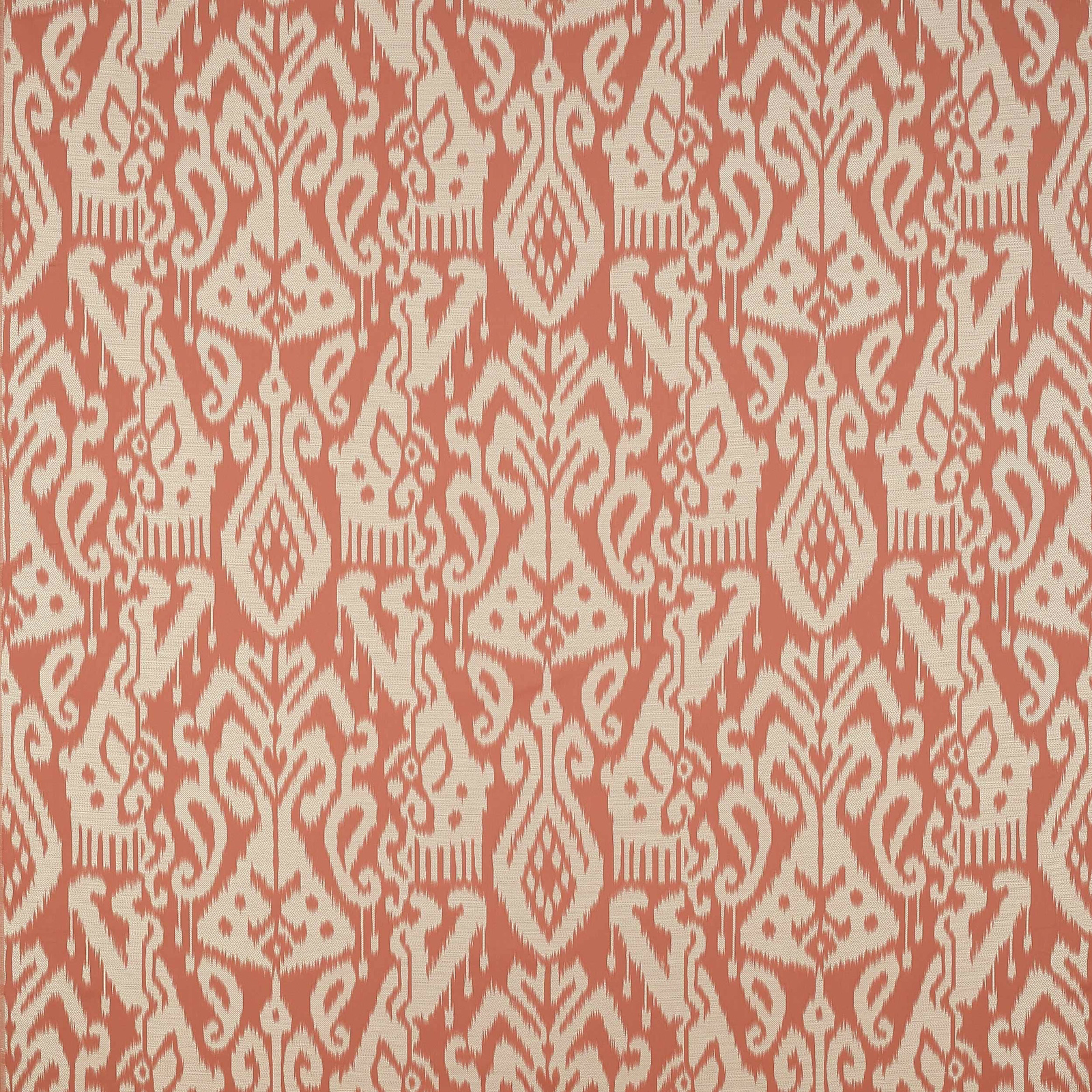 Coral terracotta damask fabric with ivory scrolling motifs and large repeat