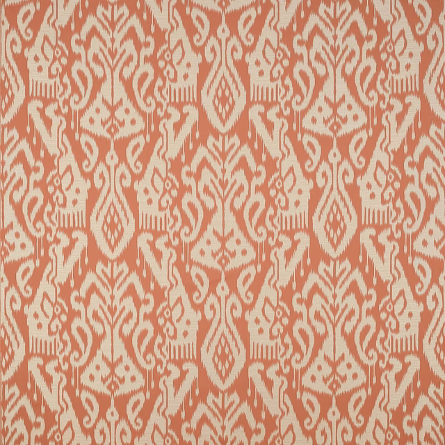 Coral terracotta damask fabric with ivory scrolling motifs and large repeat