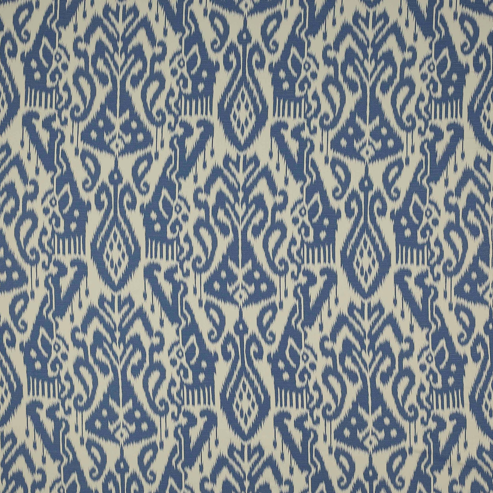 Blue and ivory damask fabric swatch with ornate repeating motif