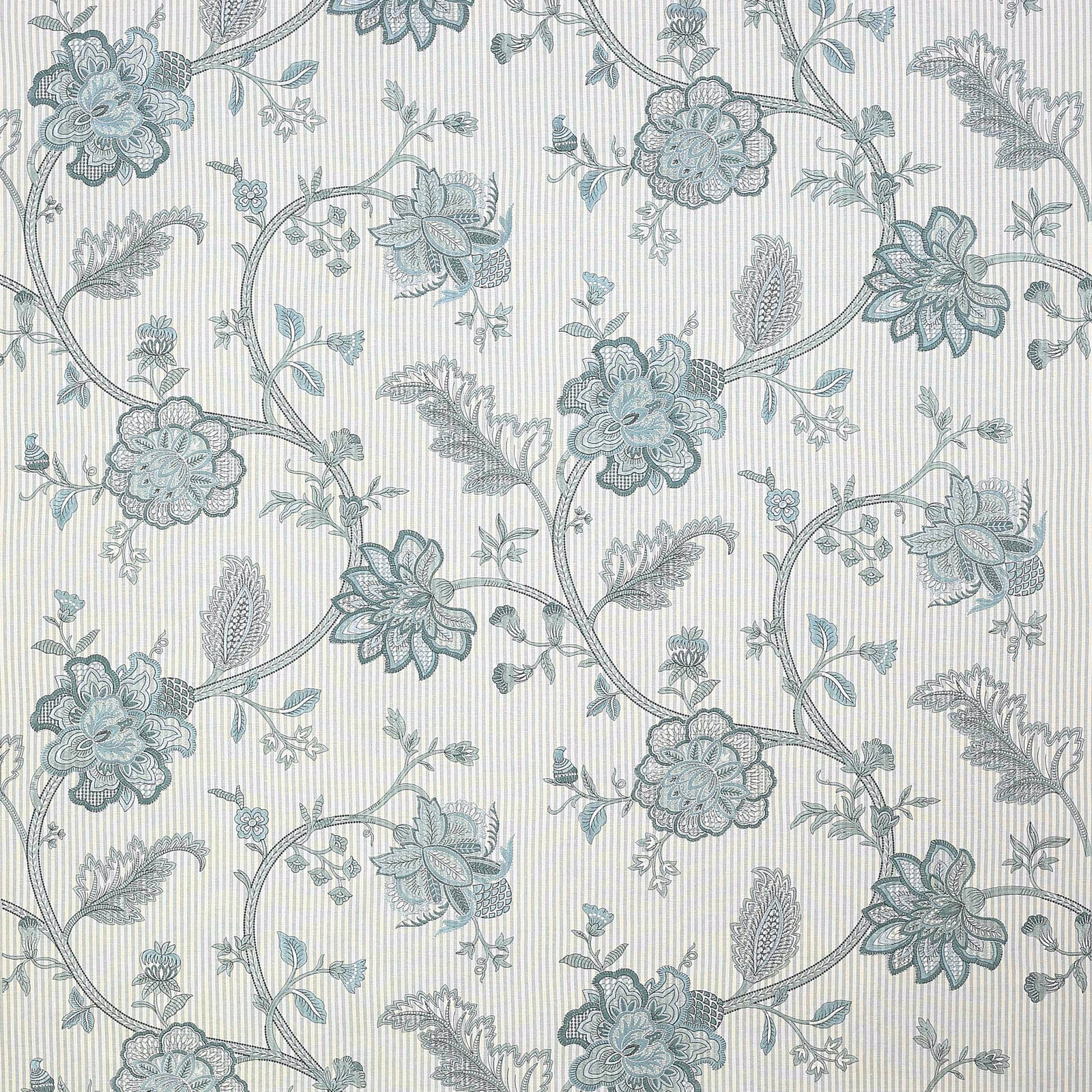 Pale celadon floral fabric with scrolling vines and vertical stripe ground
