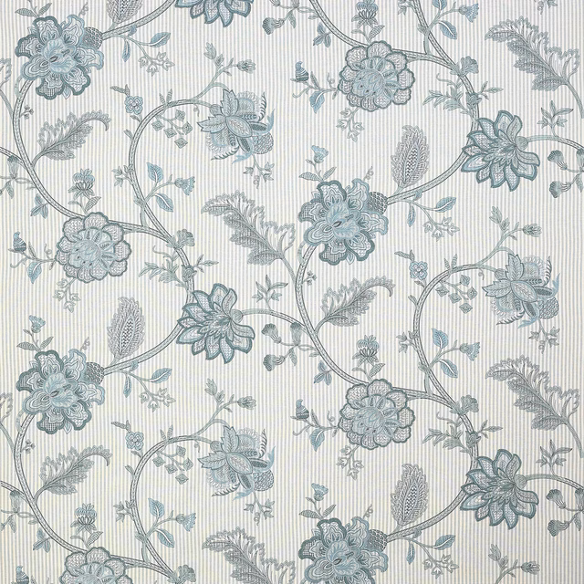Pale celadon floral fabric with scrolling vines and vertical stripe ground