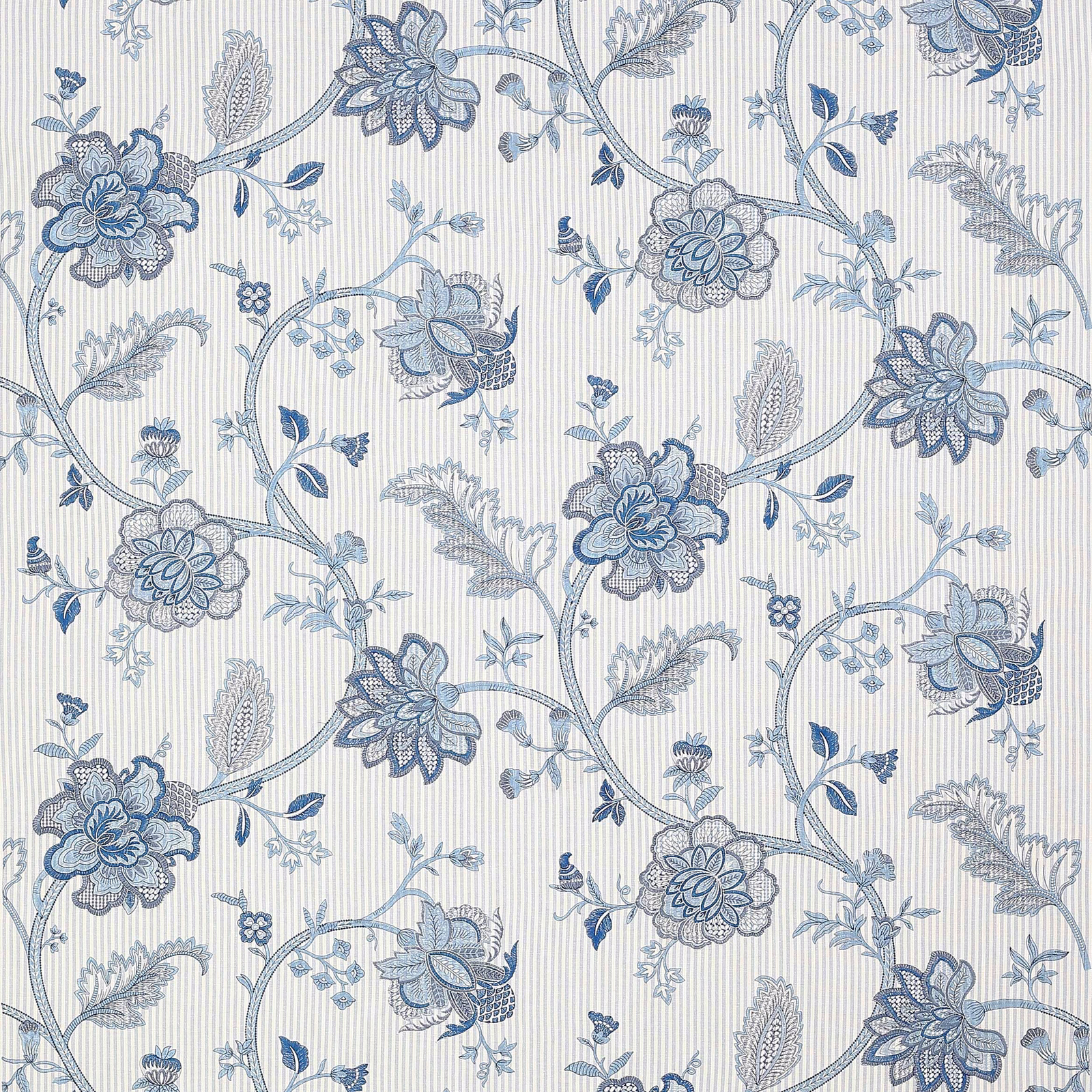 Blue scrolling floral fabric on ivory pinstriped ground with outlined blossoms