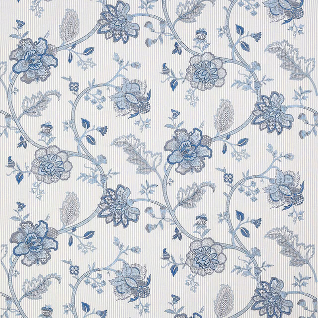 Blue scrolling floral fabric on ivory pinstriped ground with outlined blossoms