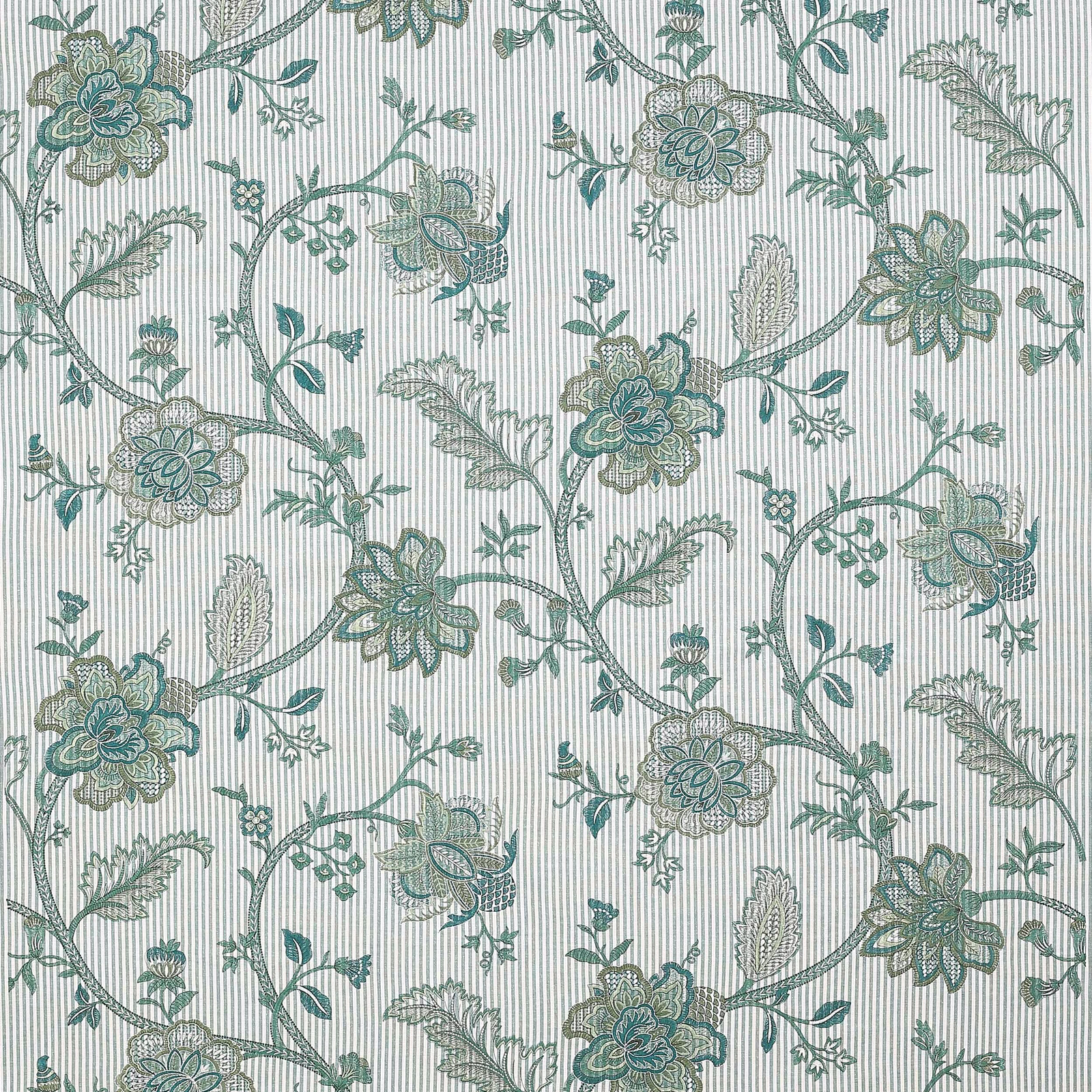 Teal and sage floral vine fabric on a pale striped ground