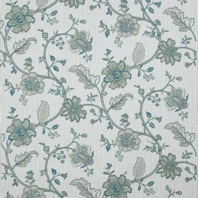 Teal and sage floral vine fabric on a pale striped ground