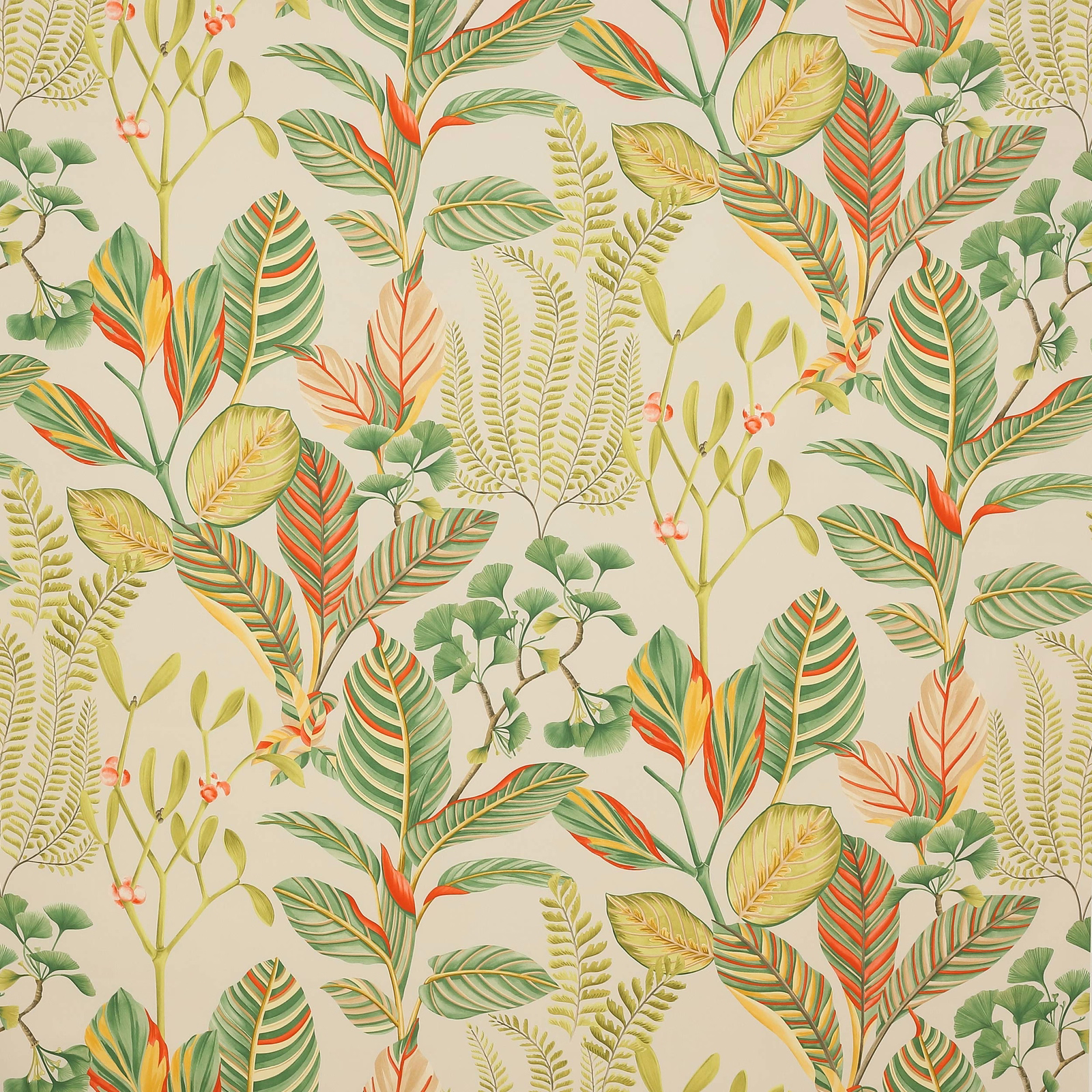 Cream cotton fabric with large tropical leaves in green, coral and yellow