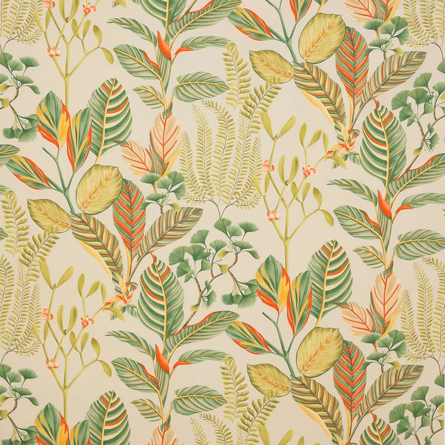 Cream cotton fabric with large tropical leaves in green, coral and yellow