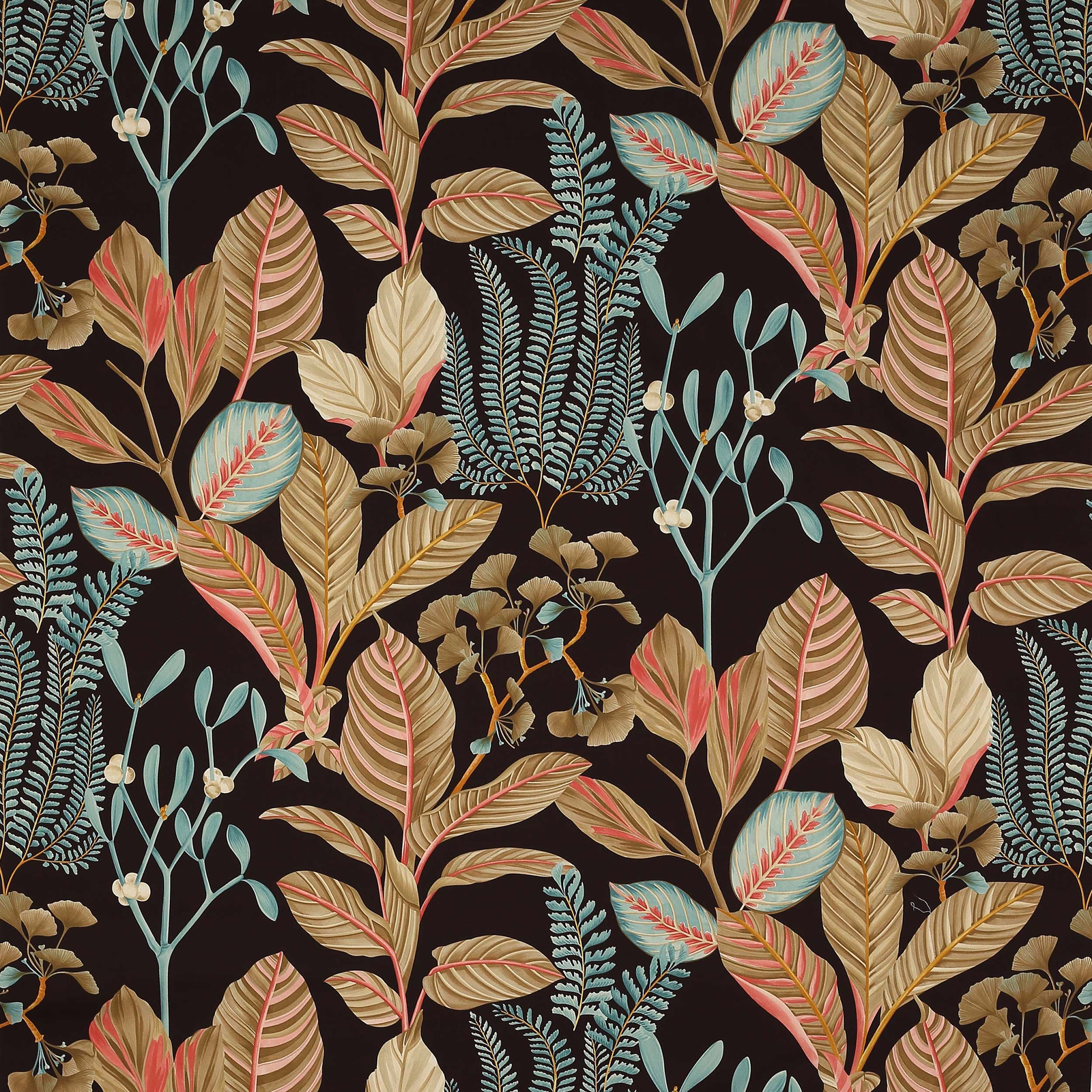 Dark botanical fabric with teal, coral and gold leaves on a black ground