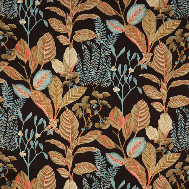 Dark botanical fabric with teal, coral and gold leaves on a black ground