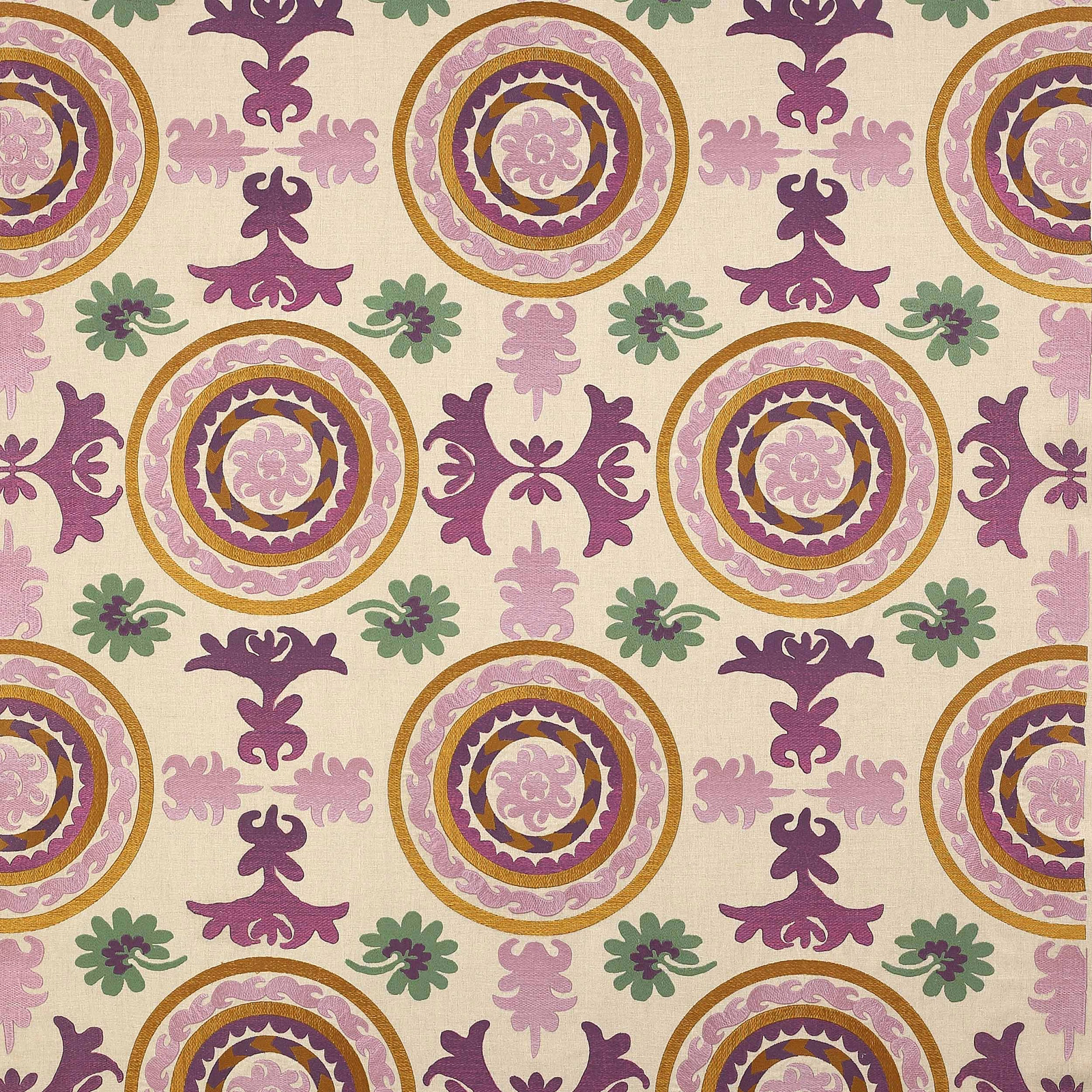 Ivory woven fabric with repeating amethyst medallions, plum motifs and blush accents