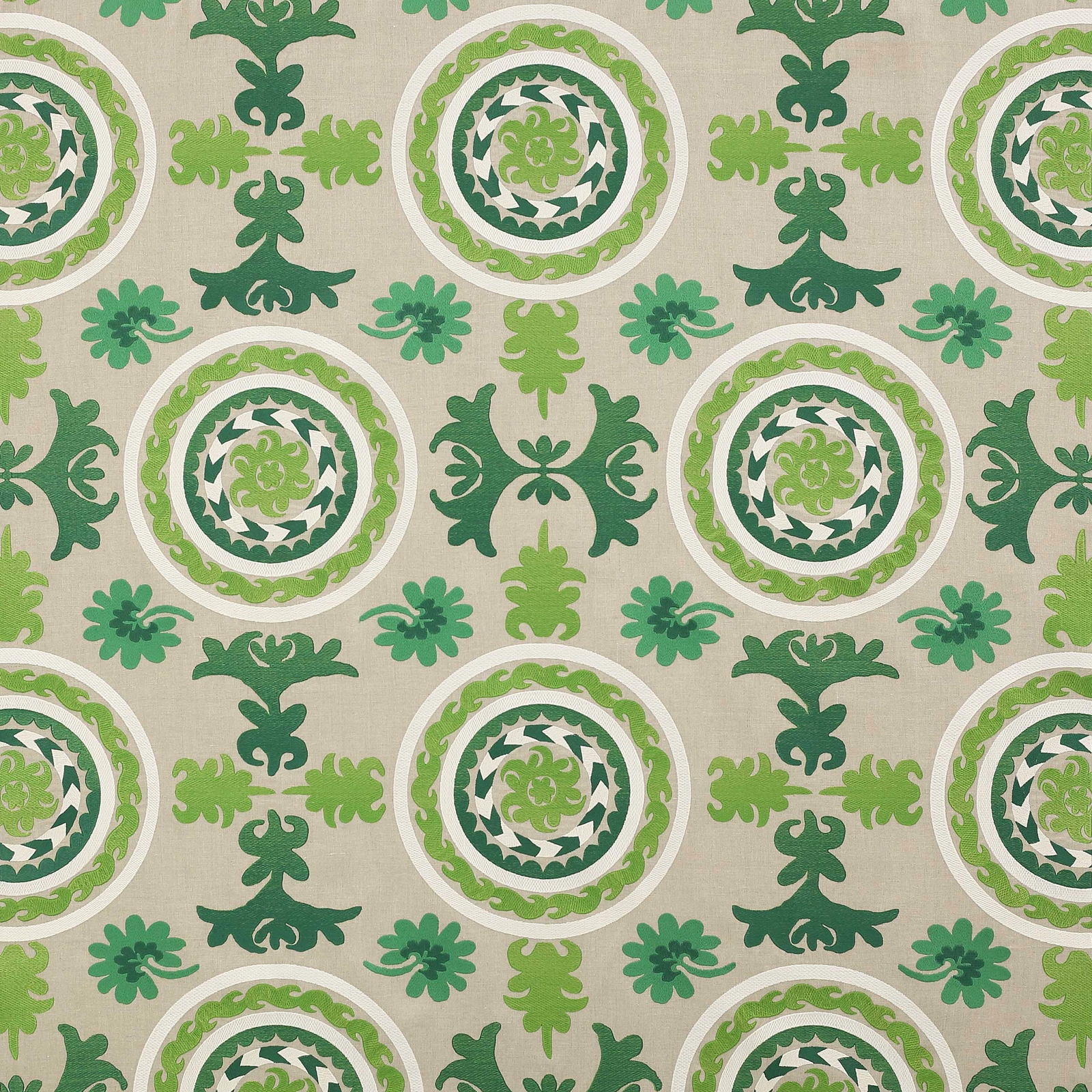 Green geometric fabric with circular medallions and scroll motifs on a neutral ground