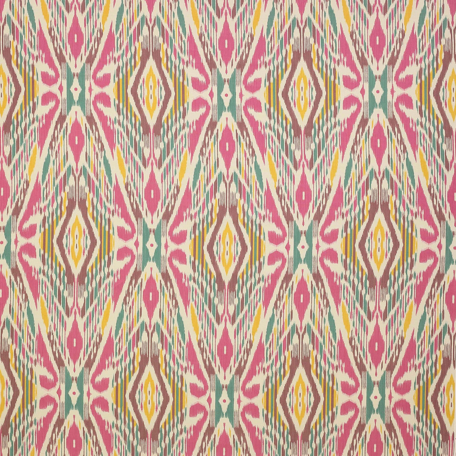 Pink, teal and gold geometric ikat-style linen fabric swatch