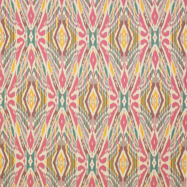 Pink, teal and gold geometric ikat-style linen fabric swatch