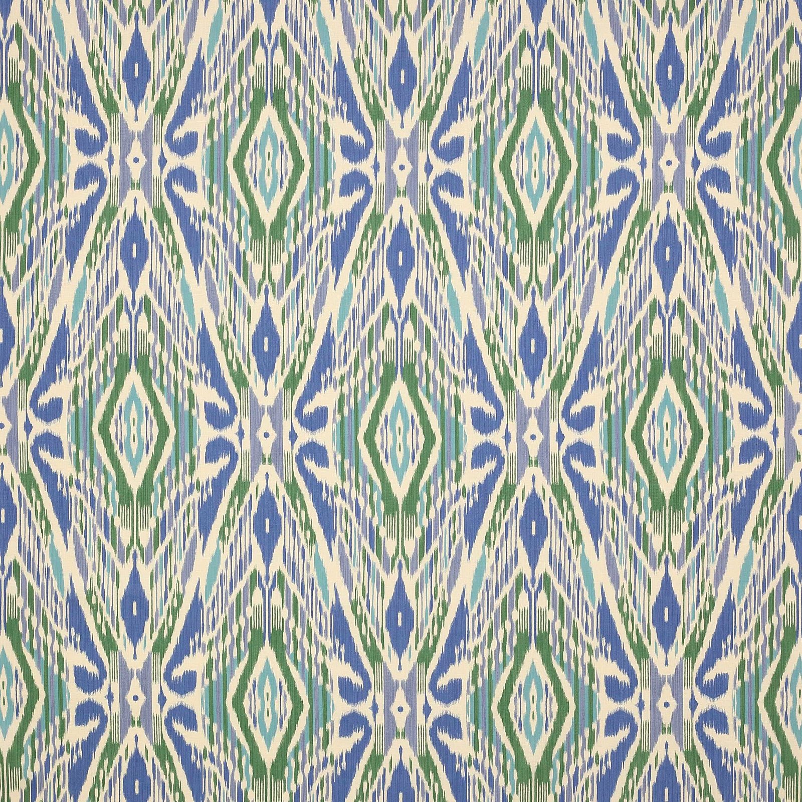 Blue and green ikat geometric linen fabric on an ivory ground