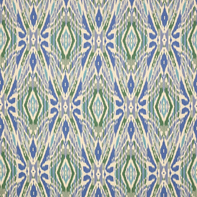 Blue and green ikat geometric linen fabric on an ivory ground