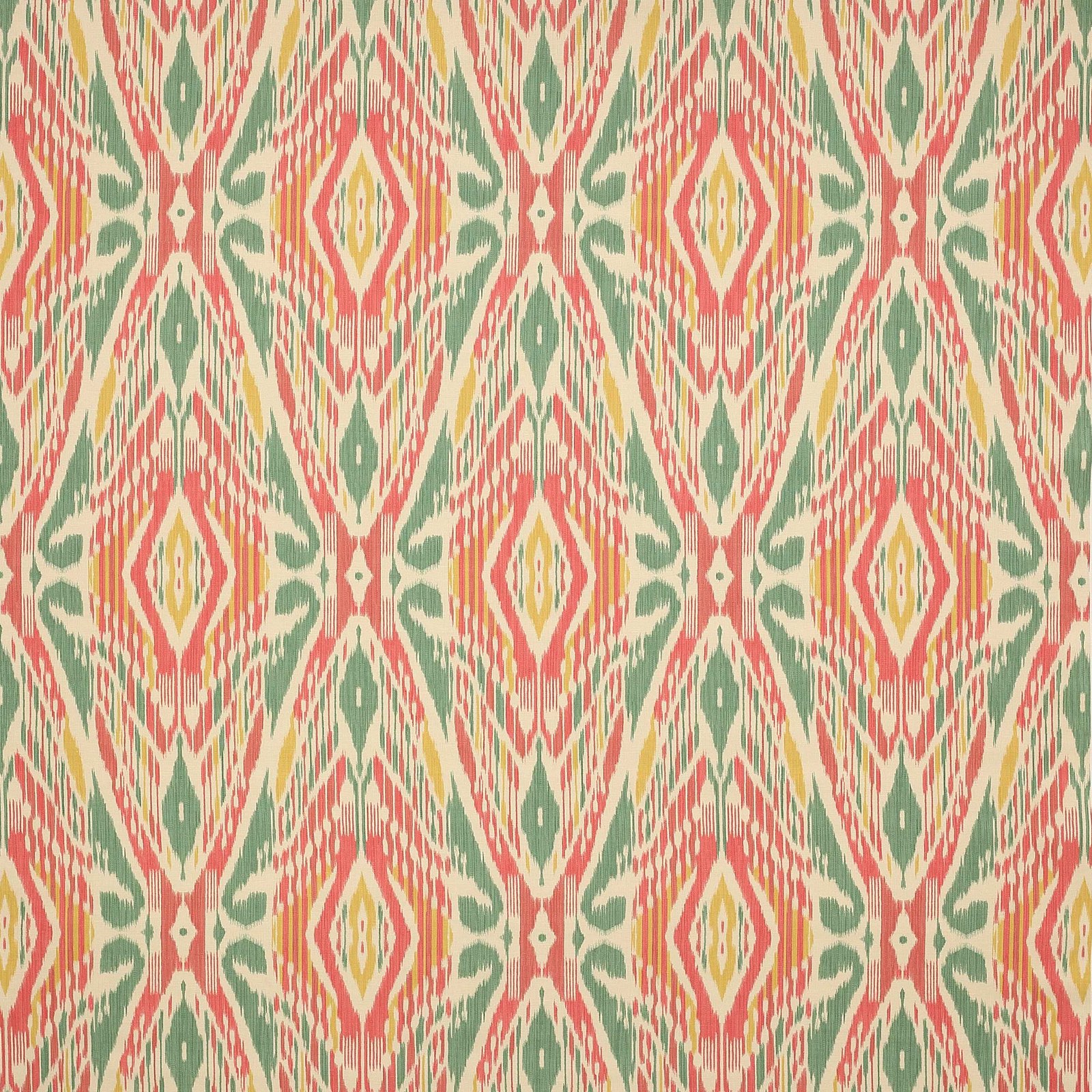 Coral, green and cream geometric linen fabric swatch with diamond motifs