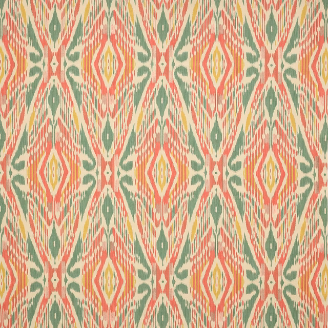 Coral, green and cream geometric linen fabric swatch with diamond motifs