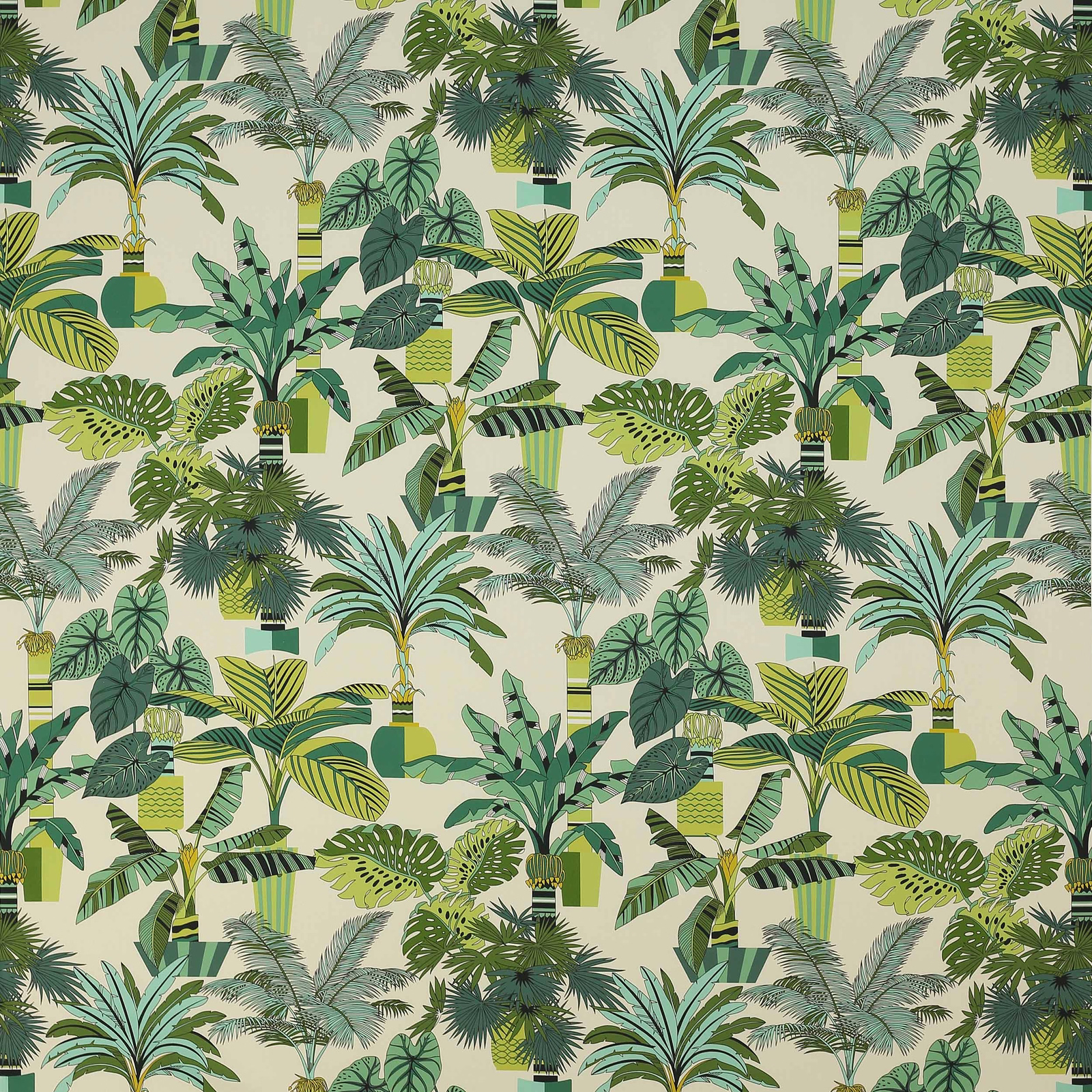 Tropical palm and leaf print in lagoon, jade and lime greens on a cream cotton ground
