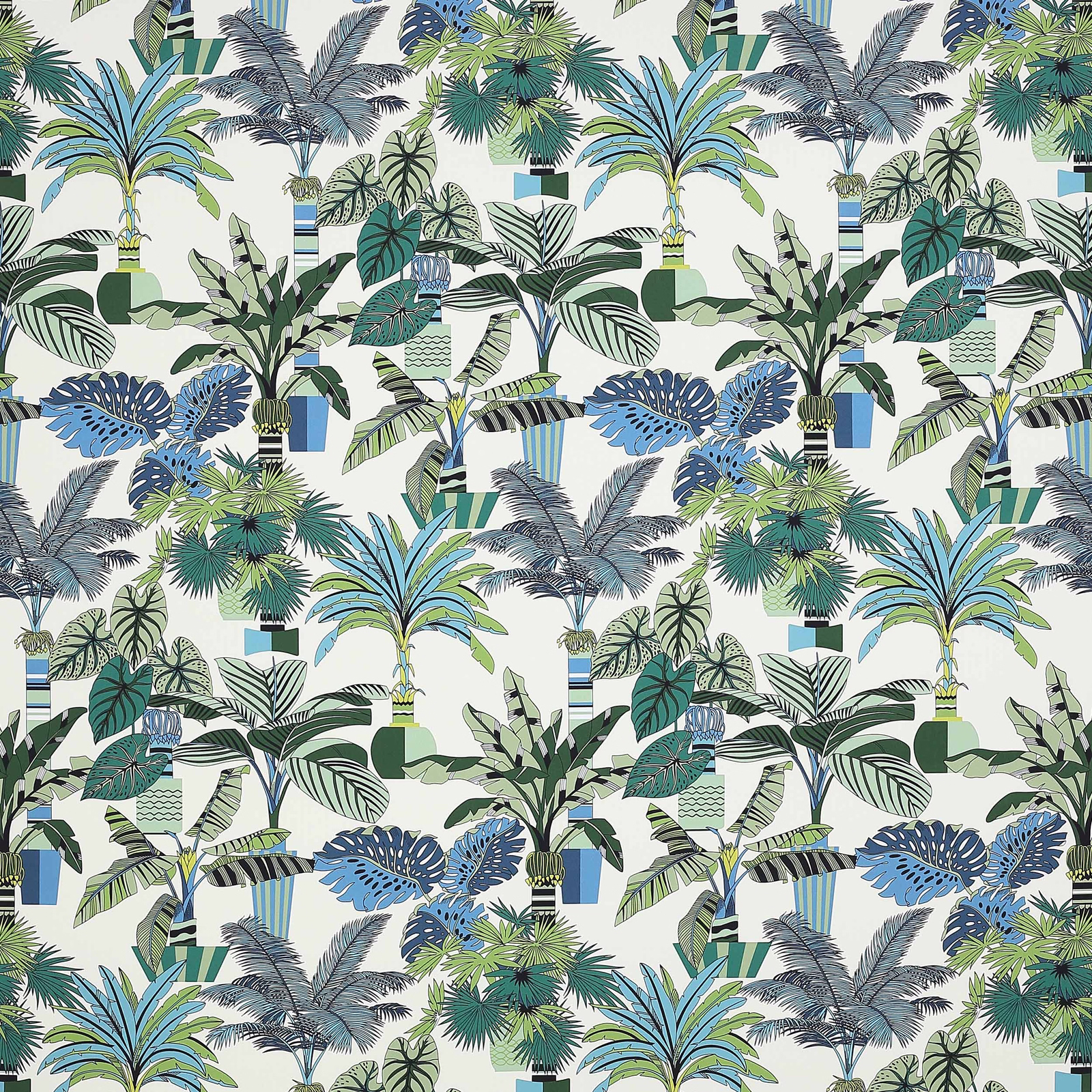Large tropical palm and leaf print in marine blue, aqua and green on a pale ground
