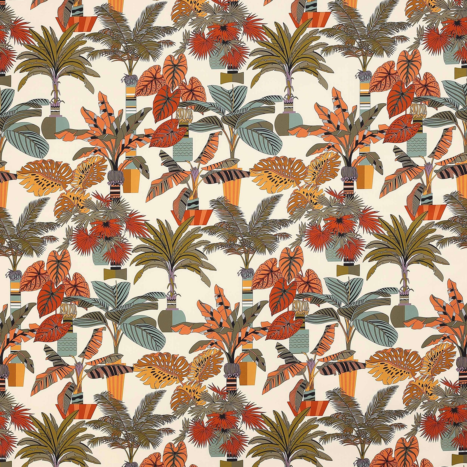 Ivory tropical print fabric with orange, olive and teal palm leaves and potted motifs