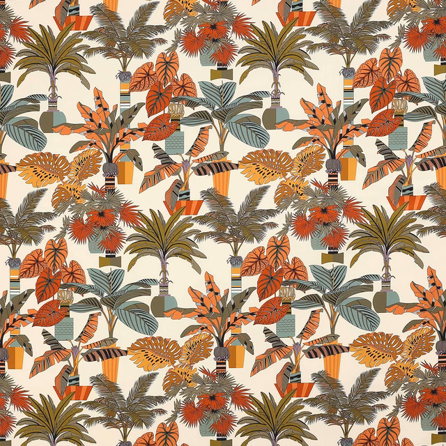 Ivory tropical print fabric with orange, olive and teal palm leaves and potted motifs